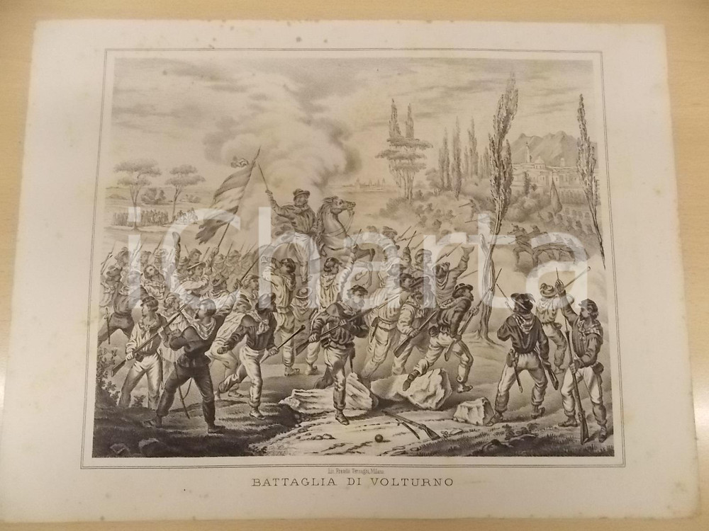 Stampa, bozzetto originale 1861 GUERRA D ITALIA Battaglia di VOLTURNO Stampa F.lli TERZAGHI 1
