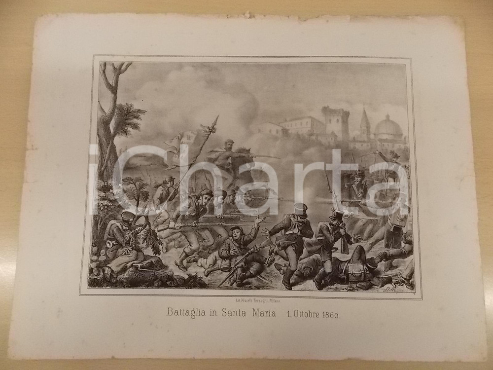 Stampa, bozzetto originale 1861 GUERRA D ITALIA Battaglia in Santa Maria del 1860 Stampa F.lli TERZAGHI 1