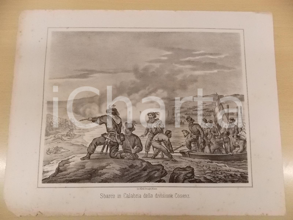 Stampa, bozzetto originale 1861 GUERRA D ITALIA Sbarco in CALABRIA della Divisione COSENZ Stampa TERZAGHI 1