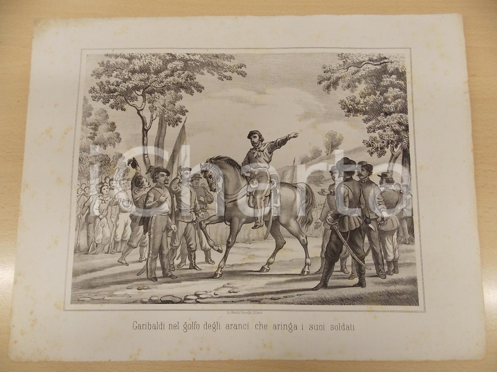 Stampa, bozzetto originale 1861 GUERRA D ITALIA Garibaldi nel golfo degli aranci Stampa F.lli TERZAGHI 1