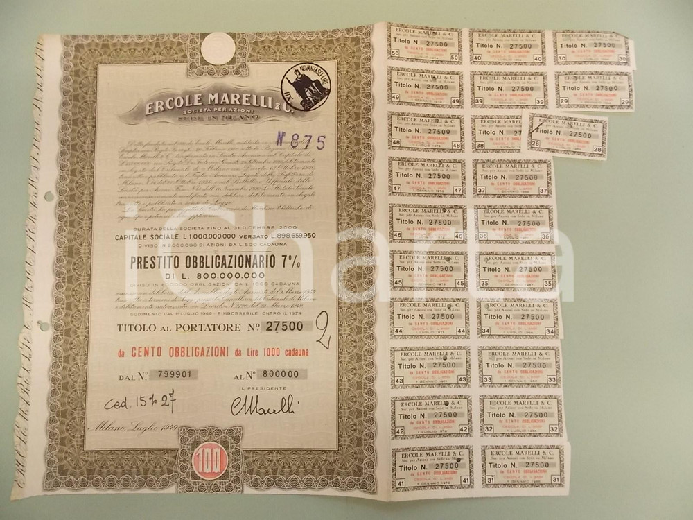 Oggetto da collezione cartaceo 1949 MILANO Ercole MARELLI & C. S.p..A. Titolo obbligazionario con 23 cedole 1