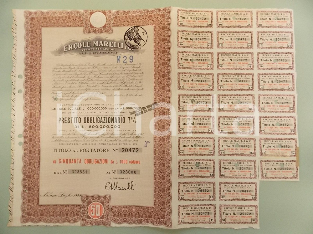 Oggetto da collezione cartaceo 1949 MILANO Ercole MARELLI & C. S.p..A. Titolo obbligazionario con 28 cedole 1