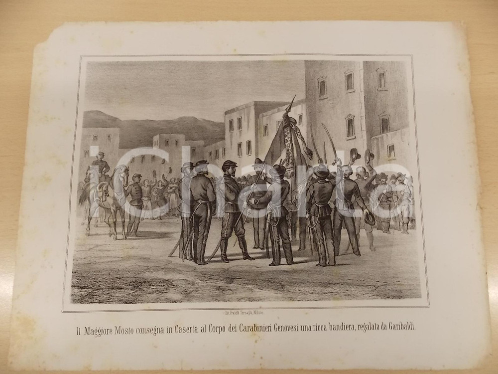 Stampa, bozzetto originale 1861 GUERRA ITALIA Maggiore MOSTO consegna bandiera a Carabinieri CASERTA Stampa 1