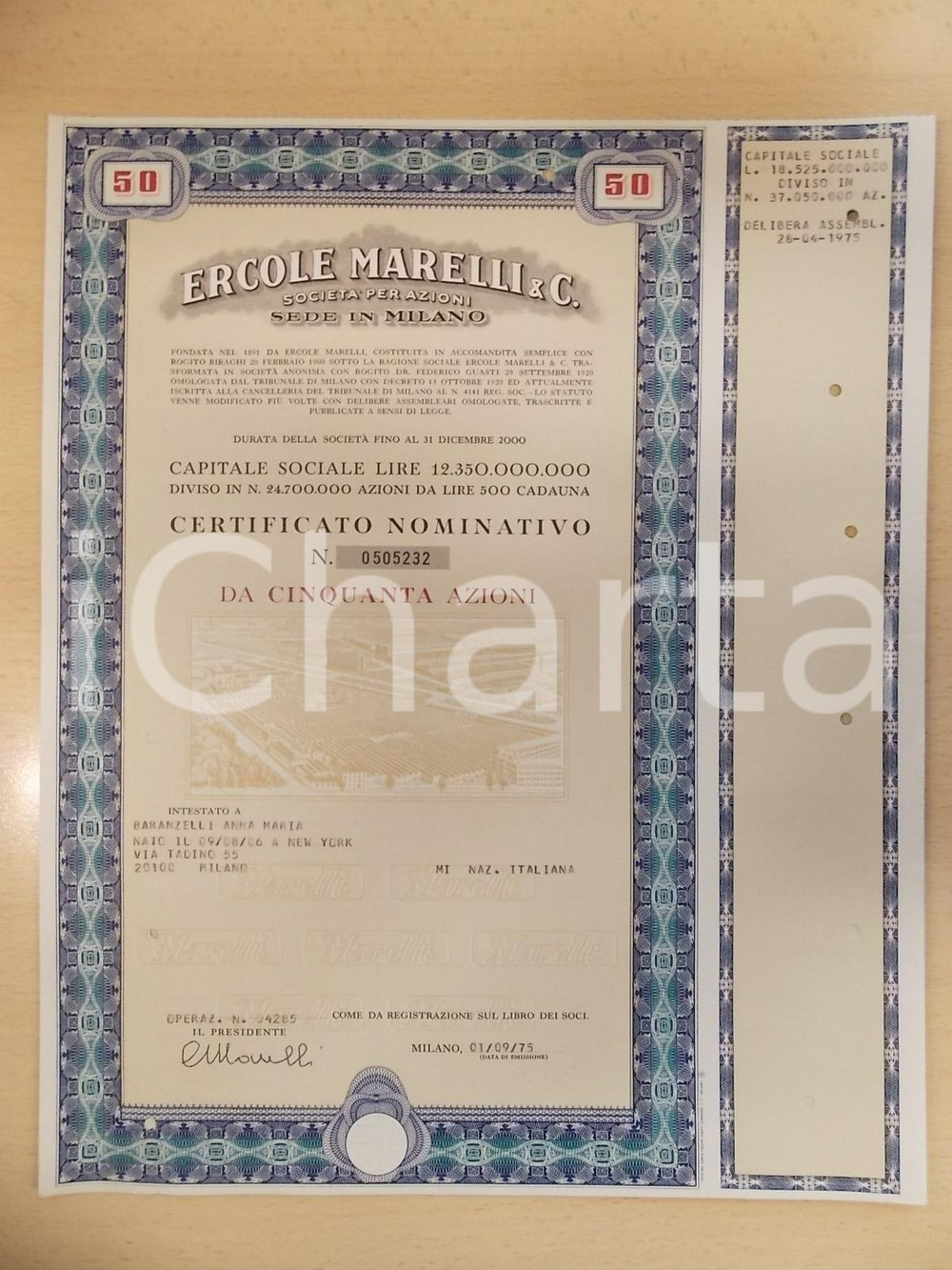Oggetto da collezione cartaceo 1975 MILANO Ercole MARELLI & C. S.p.A. Certificato azionario da cinquanta azioni 1