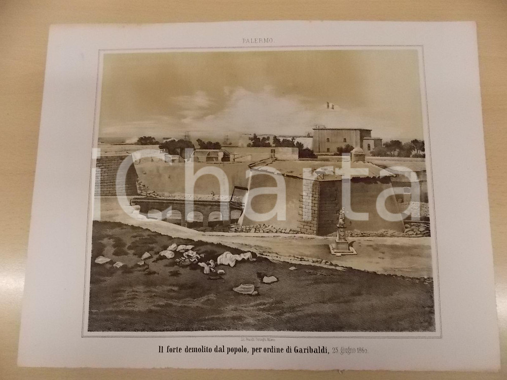 Stampa, bozzetto originale 1861 GUERRA D ITALIA Forte di PALERMO demolito per ordine di GARIBALDI Stampa 1