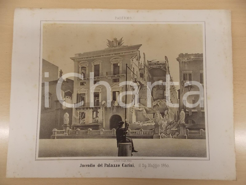 Stampa, bozzetto originale 1861 GUERRA D ITALIA Incendio del Palazzo CARINI a PALERMO Stampa F.lli TERZAGHI 1