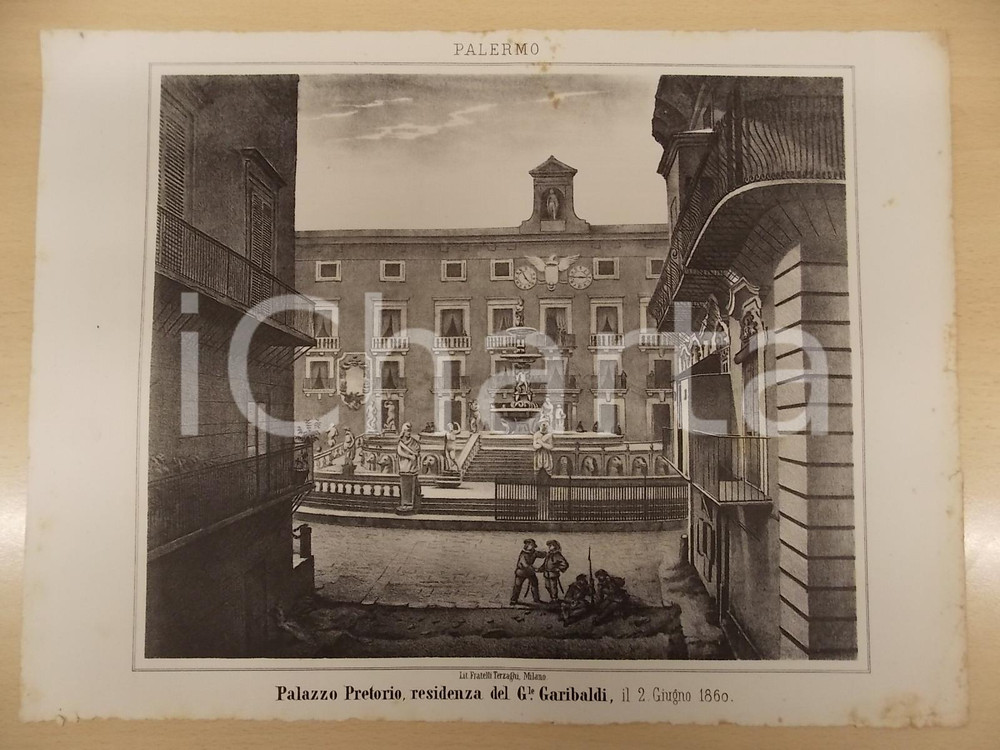 Stampa, bozzetto originale 1861 GUERRA D ITALIA PALERMO Palazzo Pretorio residenza di GARIBALDI Stampa 1