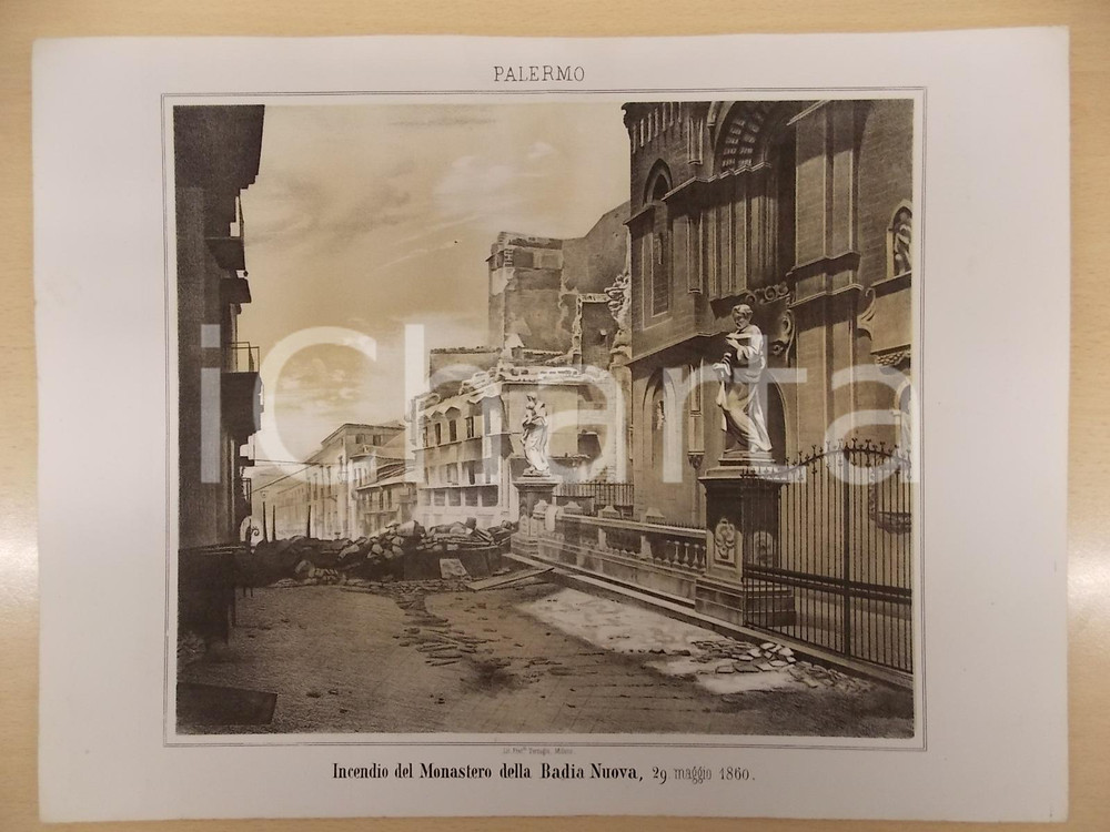 Stampa, bozzetto originale 1861 GUERRA D ITALIA PALERMO Incendio Monastero BADIA NUOVA Stampa TERZAGHI 1