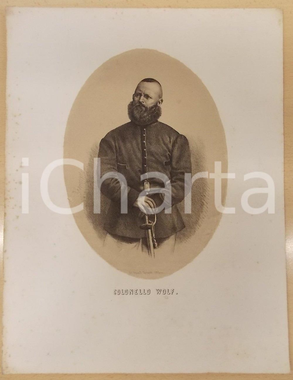 Stampa, bozzetto originale 1861 GUERRA D ITALIA Colonnello garibaldino Adolfo WOLFF Stampa F.lli TERZAGHI 1