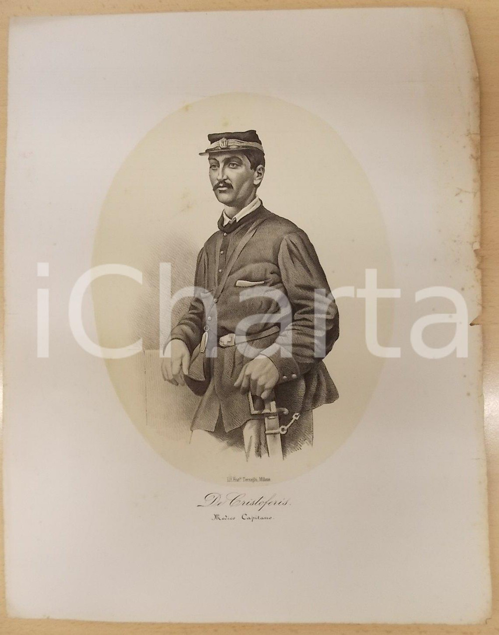 Stampa, bozzetto originale 1861 GUERRA D ITALIA Medico capitano DE CRISTOFERIS Stampa F.lli TERZAGHI 1
