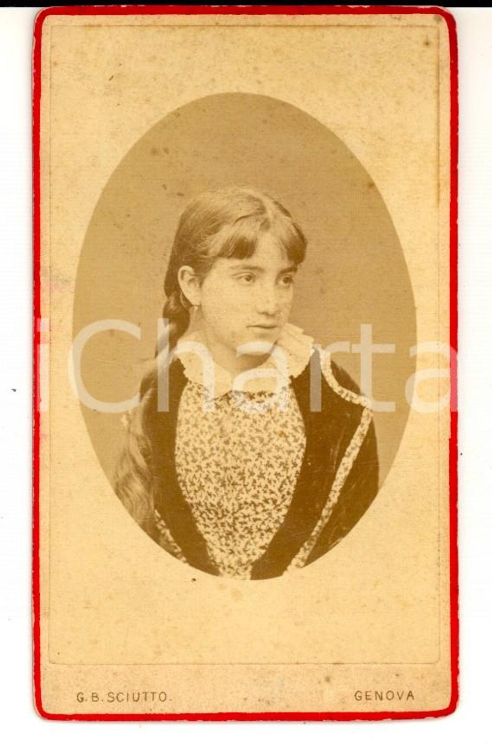 Fotografia d epoca originale 1890 ca GENOVA Ritratto di adolescente con camicia a fiori Foto G. B. SCIUTTO 1
