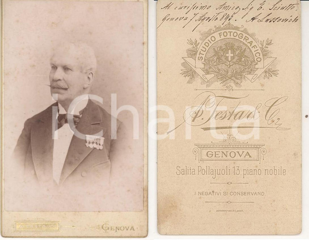 Fotografia d epoca originale 1890 ca GENOVA Ritratto di Antonio LASSOVICH con dedica a SCIUTTO Foto TESTA 1