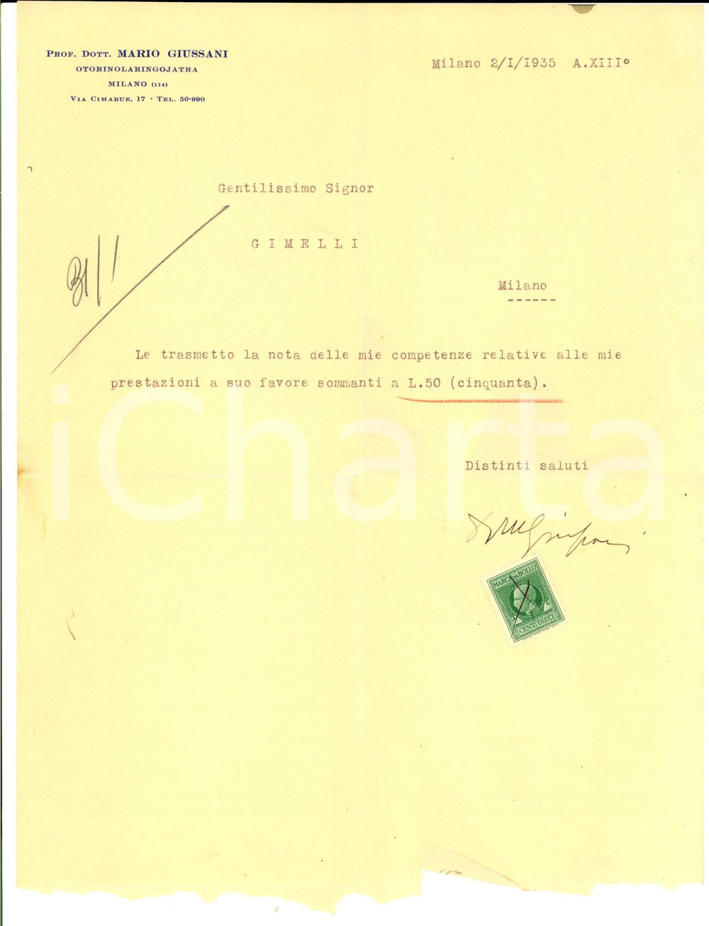 Documento originale, autentico 1935 MILANO Mario GIUSSANI otorinolaringoiatra  Nota di competenze 1