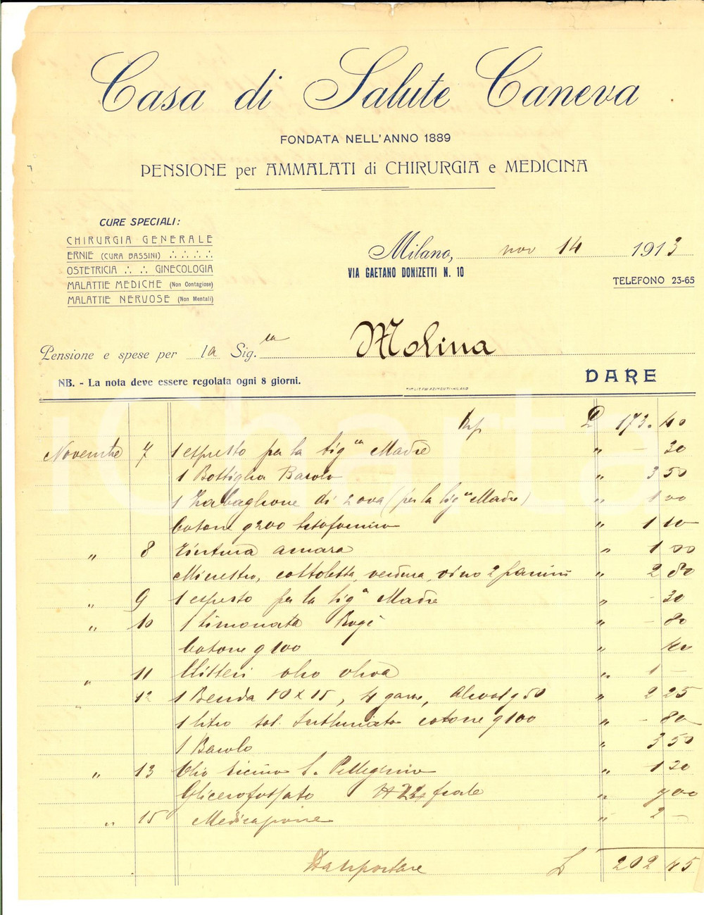 Documento originale, autentico 1913 MILANO Casa di Cura CANEVA  Conto manoscritto per ammalato 1