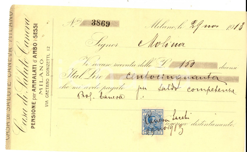 Documento originale, autentico 1913 MILANO Casa di Cura CANEVA Ricevuta per competenze Ferruccio CANEVA 1