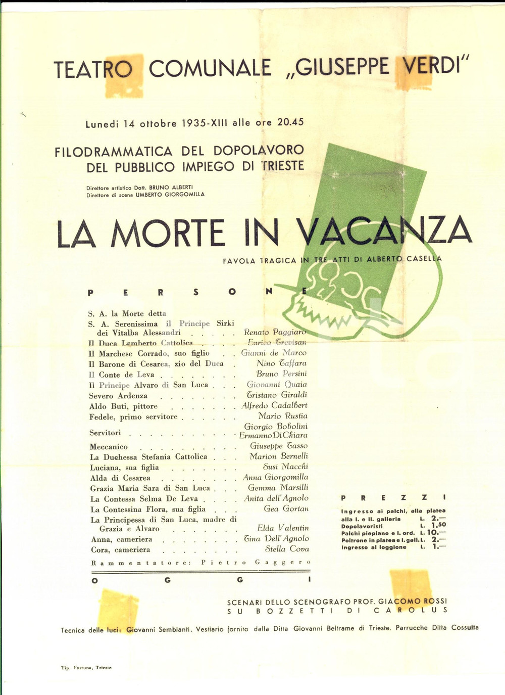 Materiale pubblicitario d’epoca 1935 TRIESTE Teatro Comunale  Giuseppe Verdi   La morte in vacanza Locandina 1