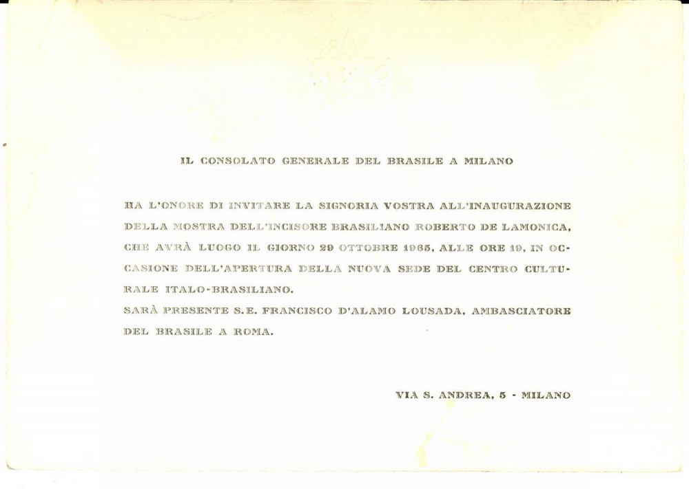 Documento originale, autentico 1965 MILANO Centro Culturale ItaloBrasiliano Invito mostra Roberto DE LAMONICA 1