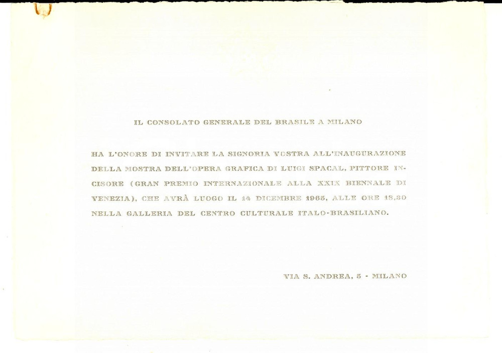 Documento originale, autentico 1965 MILANO Centro Culturale ItaloBrasiliano Invito mostra Luigi SPACAL 1
