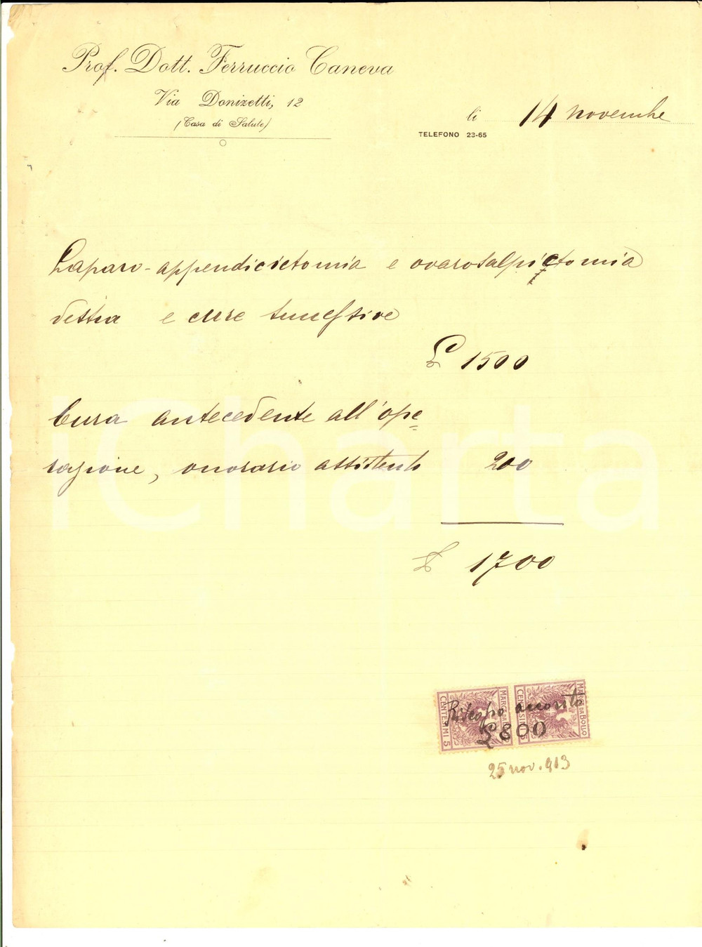 Documento originale, autentico 1913 MILANO Chirurgo Ferruccio CANEVA Ricevuta AUTOGRAFA per intervento 1
