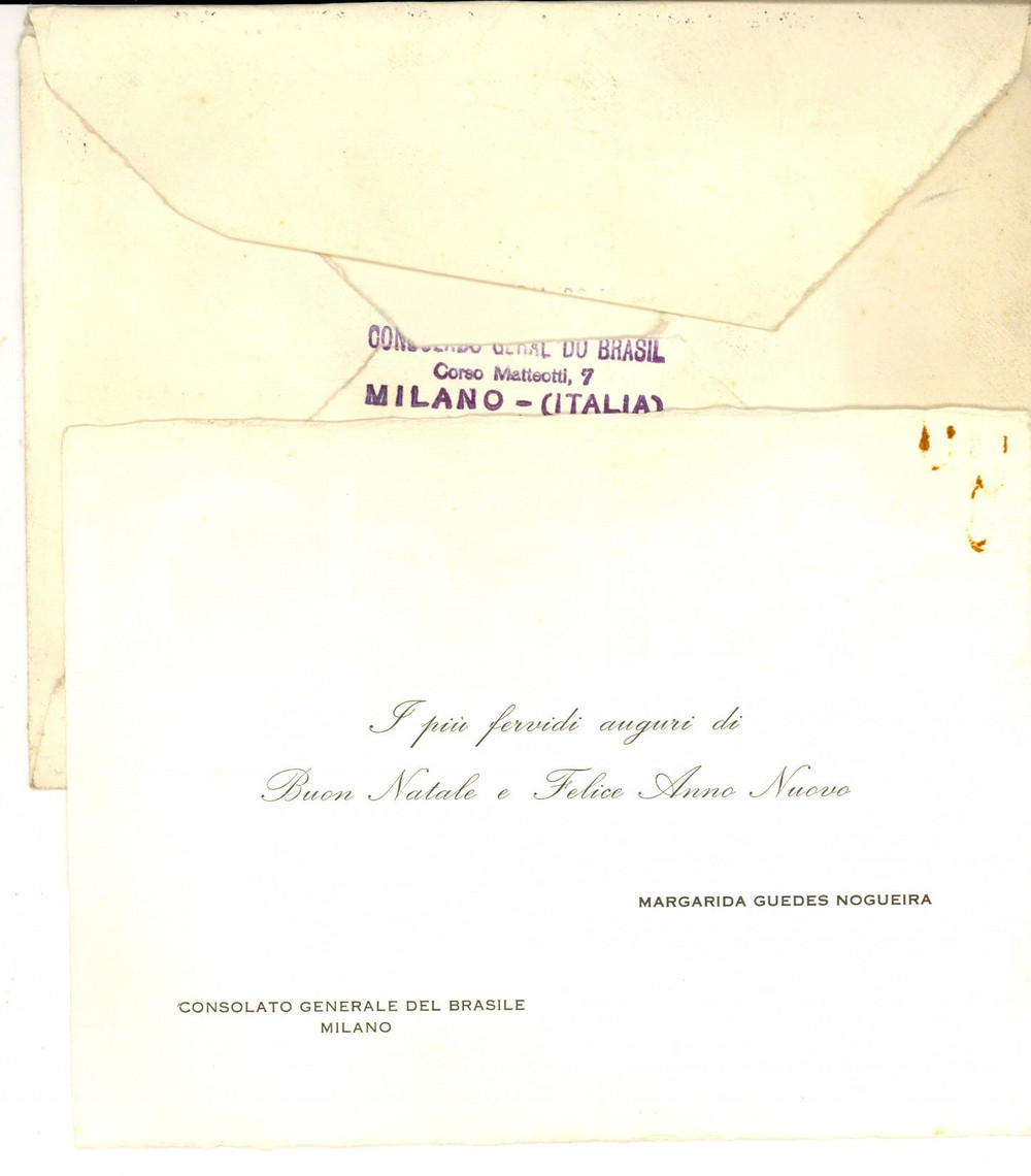 Documento originale, autentico 1965 MILANO Consolato del BRASILE Biglietto auguri Margarida GUEDES NOGUEIRA 1