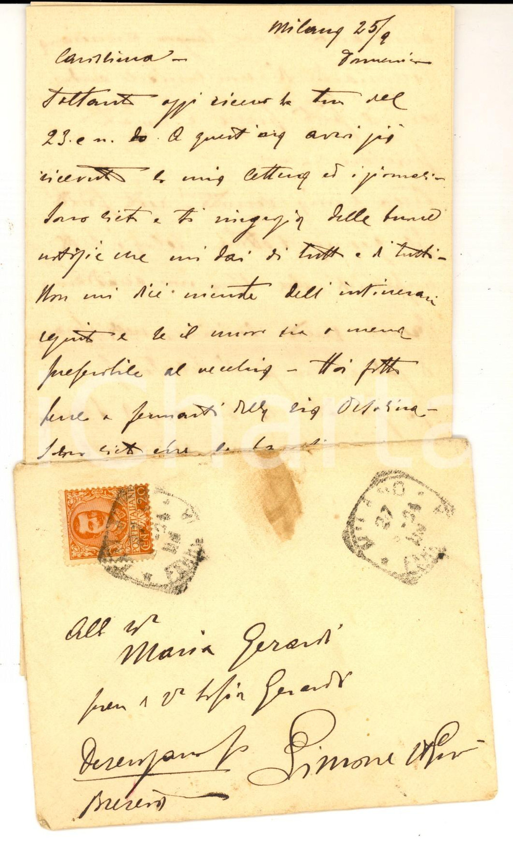 Manoscritto, lettera originale 1904 MILANO Ing. Gian Bonaventura GERARDI alla moglie Maria Autografo 1