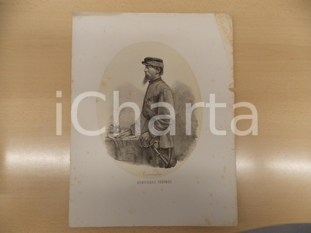 Stampa, bozzetto originale 1861 GUERRA D ITALIA Generale garibaldino Giuseppe SIRTORI Stampa DANNEGGIATA 1