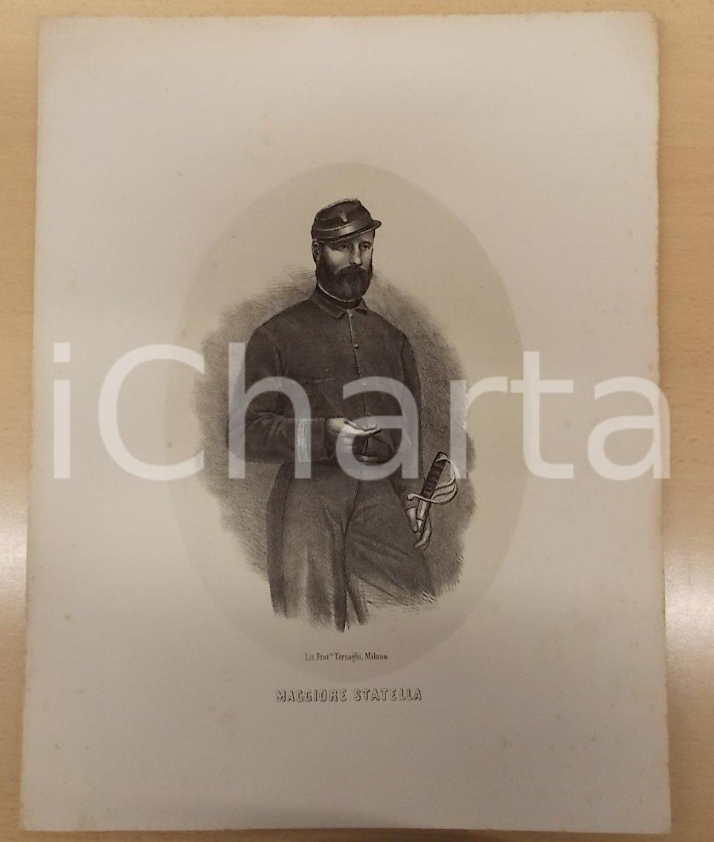 Stampa, bozzetto originale 1861 GUERRA D ITALIA Maggiore garibaldino STATELLA Stampa F.lli TERZAGHI 1