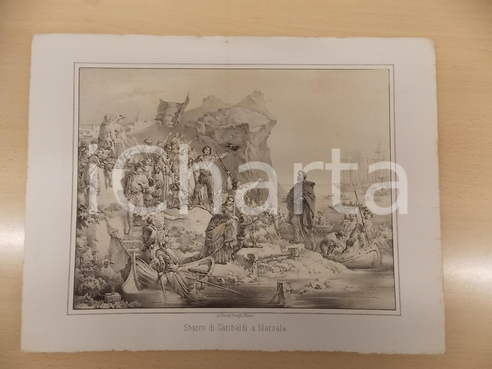 Stampa, bozzetto originale 1861 GUERRA D ITALIA Sbarco di GARIBALDI a MARSALA Stampa F.lli TERZAGHI 1