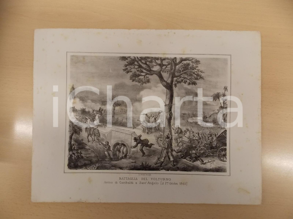 Stampa, bozzetto originale 1861 GUERRA D ITALIA Battaglia del VOLTURNO Arrivo di GARIBALDI Stampa TERZAGHI 1