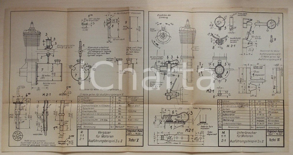 Documento originale, autentico 1941 GERMANIA Progetti di interruttori e carburatori per motori FELGIEBEL 1