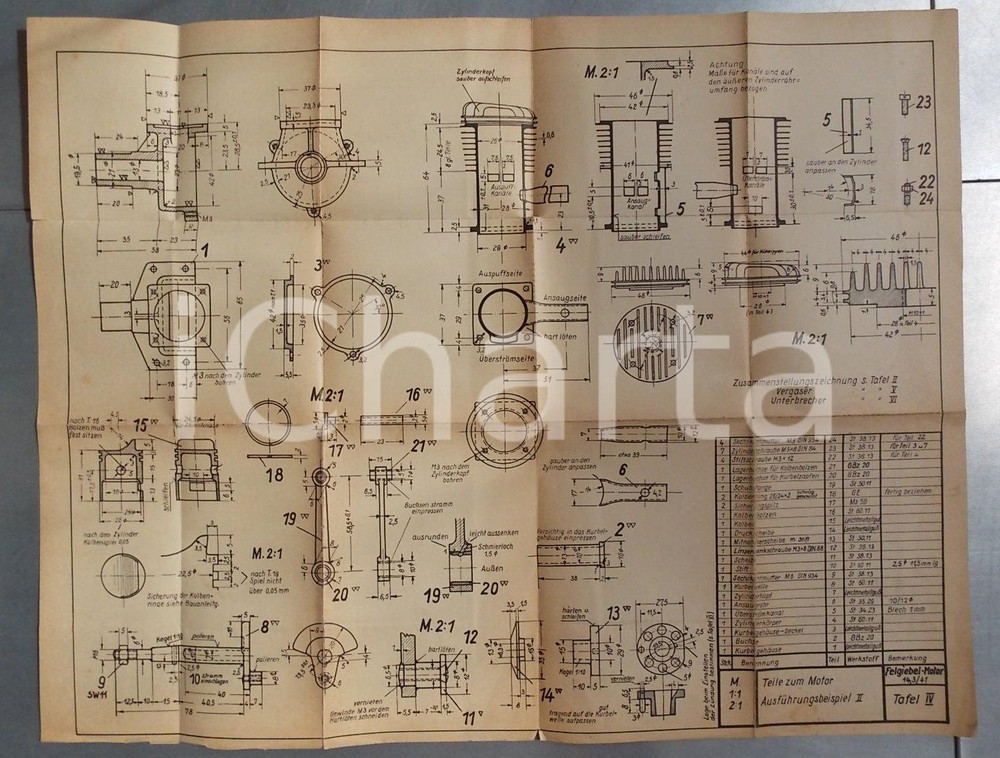 Documento originale, autentico 1941 GERMANIA Progetto per parti e componenti di motori FELGIEBEL 1