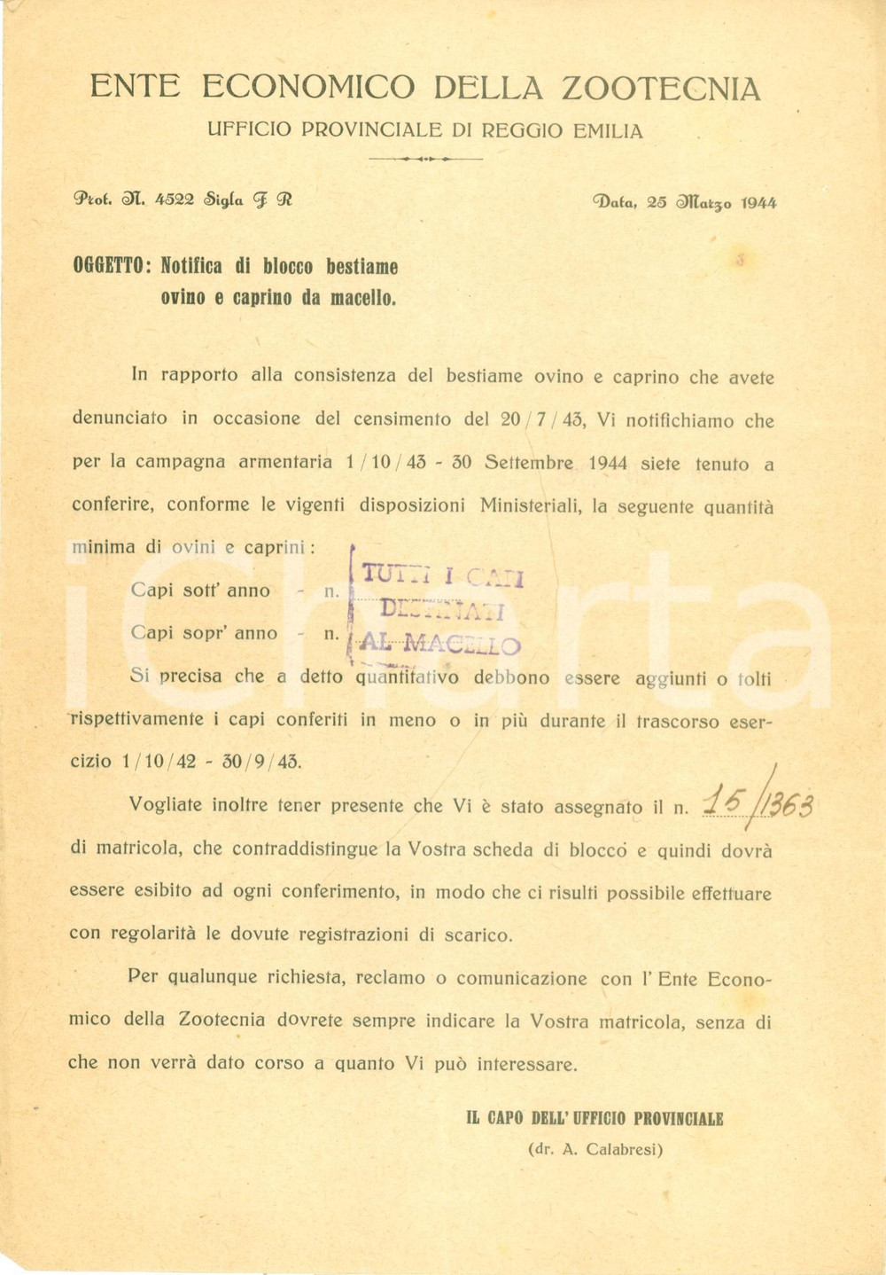 Documento originale, autentico 1944 REGGIO EMILIA Tutti i capi di bestiame destinati al macello Documento 1
