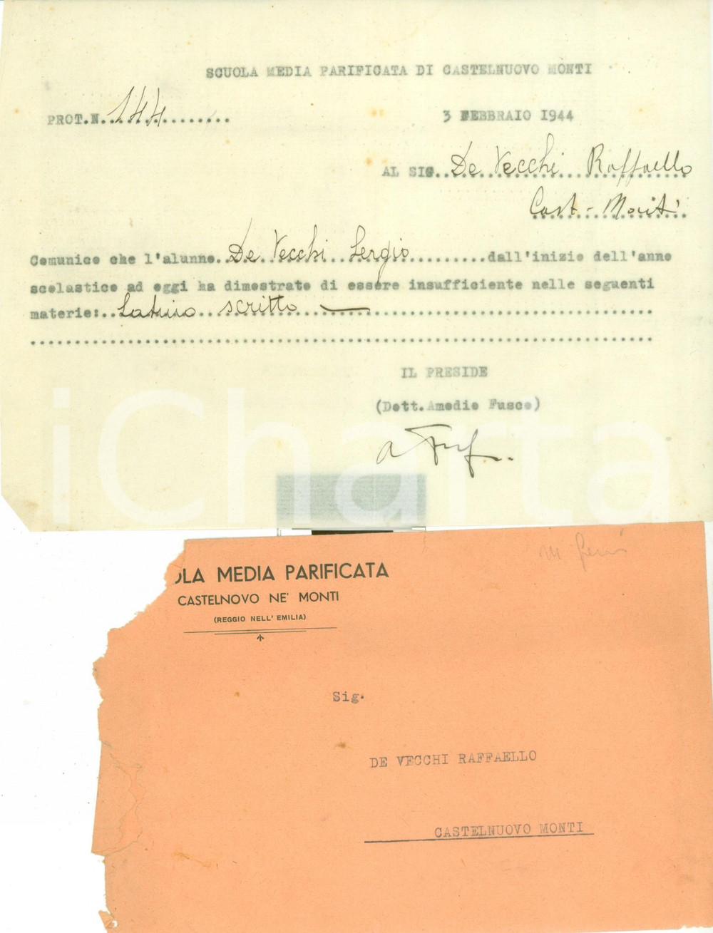 Documento originale, autentico 1944 CASTELNOVO NE  MONTI RE Scuola Media Parificata comunica insufficienze 1