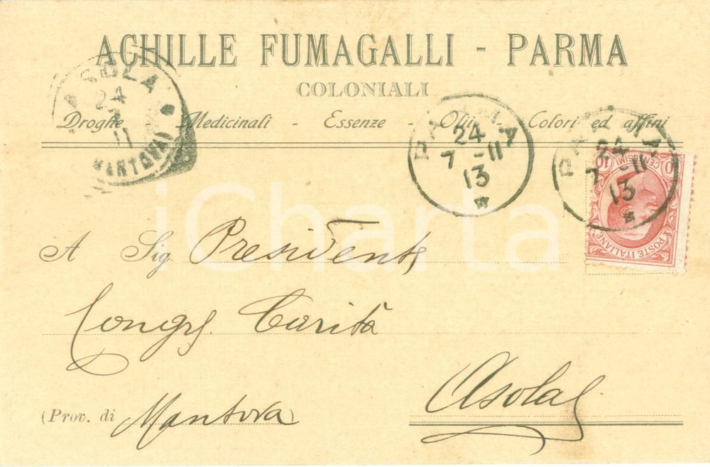 Cartolina originale da collezione 1913 PARMA Achille FUMAGALLI Coloniali Droghe Medicinali Cartolina FP VG 1