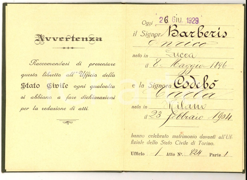Documento originale, autentico 1929 MILANO Libretto Stato Civile  Famiglia di Enrico BARBERIS e Carla CODEBO 1
