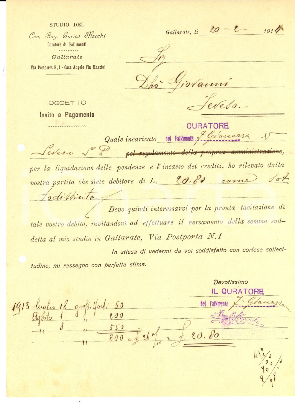 Documento originale, autentico 1914 GALLARATE VA Intimazione del curatore fallimentare Enrico MACCHI 1