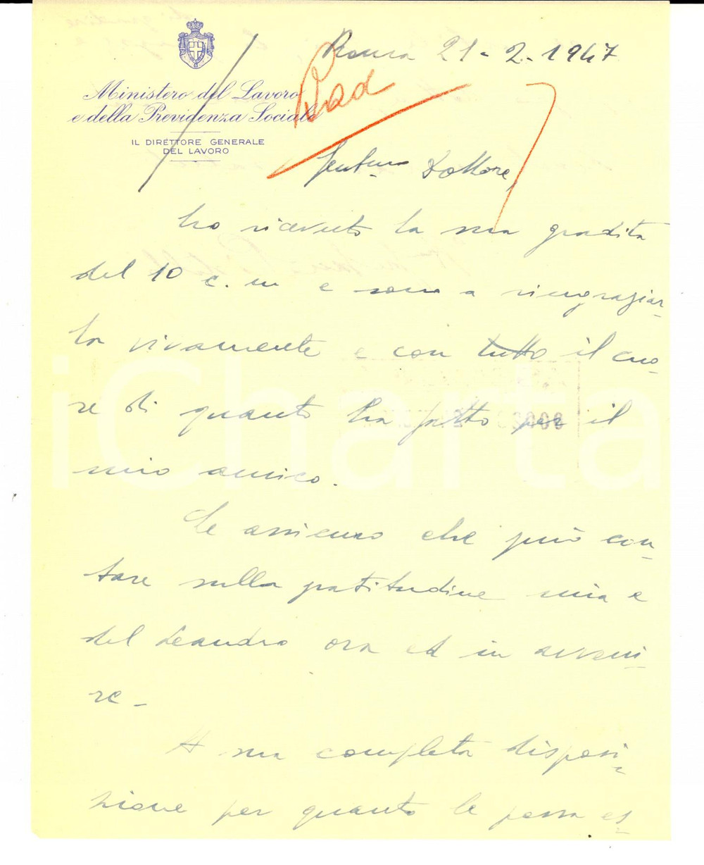 Autografo originale 1947 ROMA Ministero LAVORO Gaetano PISTILLO ringrazia per il favore a un amico 1