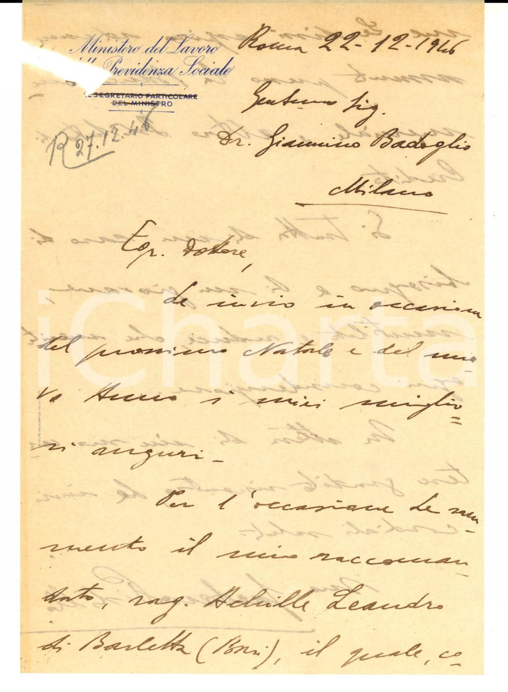 Autografo originale 1946 ROMA Ministero LAVORO Gaetano PISTILLO raccomanda Achille LEANDRO 1
