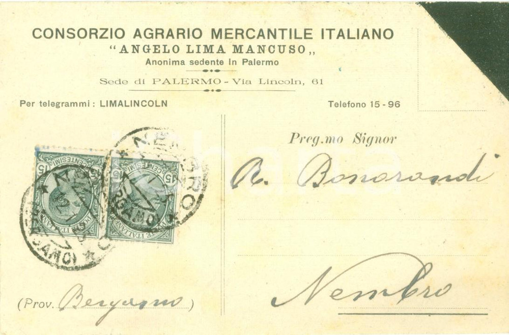 Cartolina originale da collezione 1923 PALERMO Consorzio Agrario Mercantile Italiano Angelo LIMA MANCUSO Cartolina 1