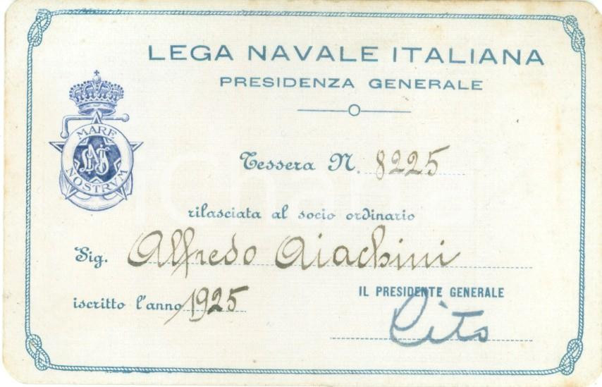 Oggetto da collezione cartaceo 1925 LEGA NAVALE ITALIANA Tessera di Alfredo AIACHINI con marca 1