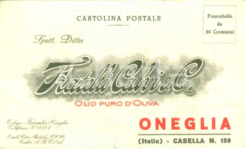 Materiale pubblicitario d’epoca 1933 ONEGLIA IM Ditta Fratelli CARLI Produttori olio d oliva Cartolina FP NV 1