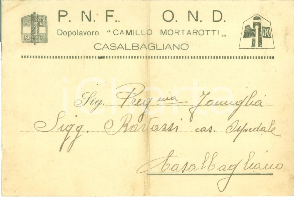 Documento originale, autentico 1938 CASALBAGLIANO AL Banco di Beneficenza Dopolavoro MORTAROTTI DANNEGGIATA 1