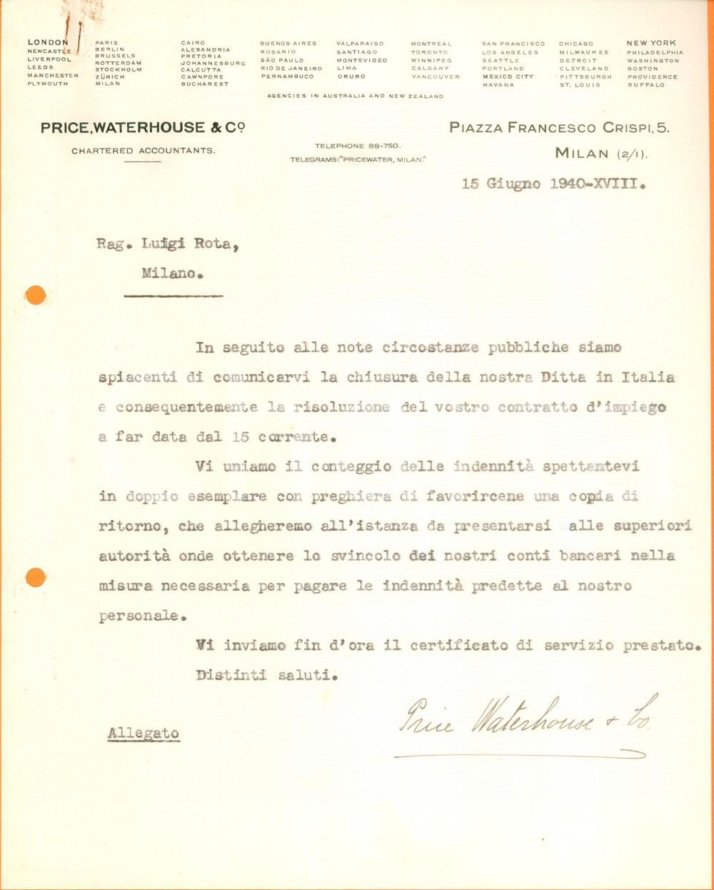 Documento originale, autentico 1940 MILANO WW2 Price, Waterhouse & Co. chiude sede italiana Documento 1