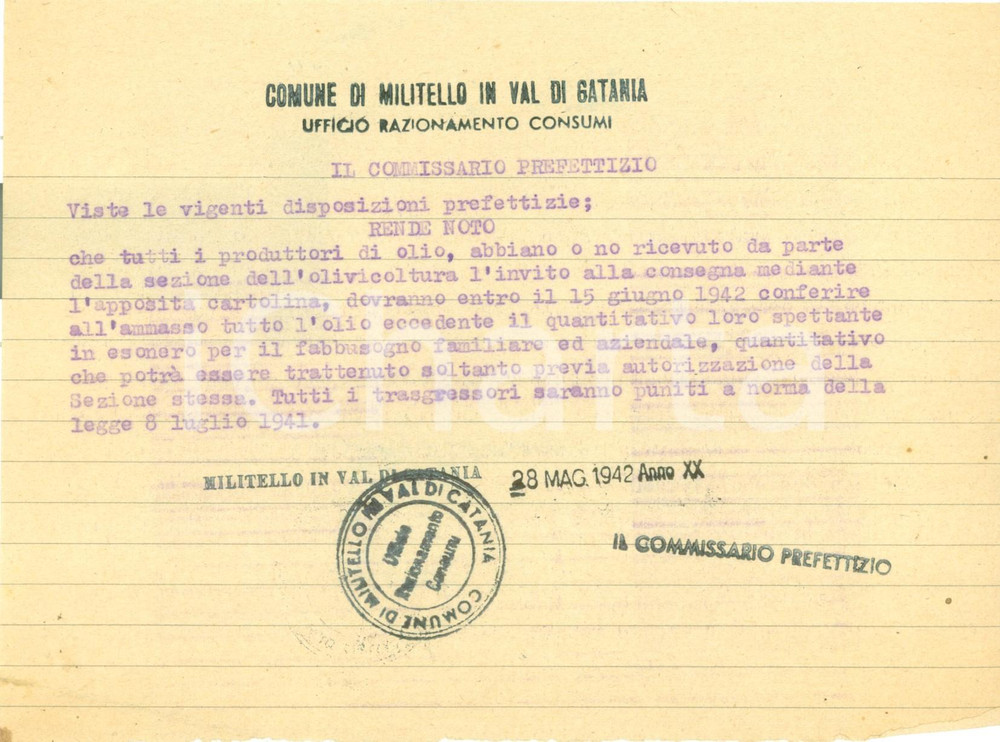 Documento originale, autentico 1942 MILITELLO IN VAL DI CATANIA Produttori d olio devono consegnare gli eccessi 1