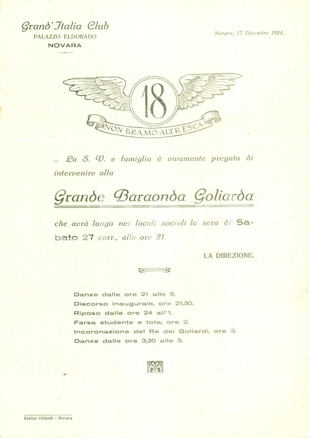 Documento originale, autentico 1924 NOVARA Grande Baraonda Goliardica al GRAND ITALIA CLUB Documento 1