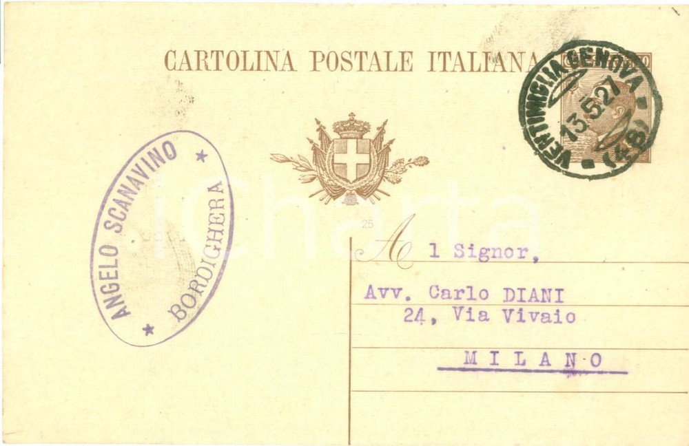 Cartolina originale da collezione 1927 BORDIGHERA IM Angelo SCANAVINO all avvocato Carlo DIANI Cartolina 1