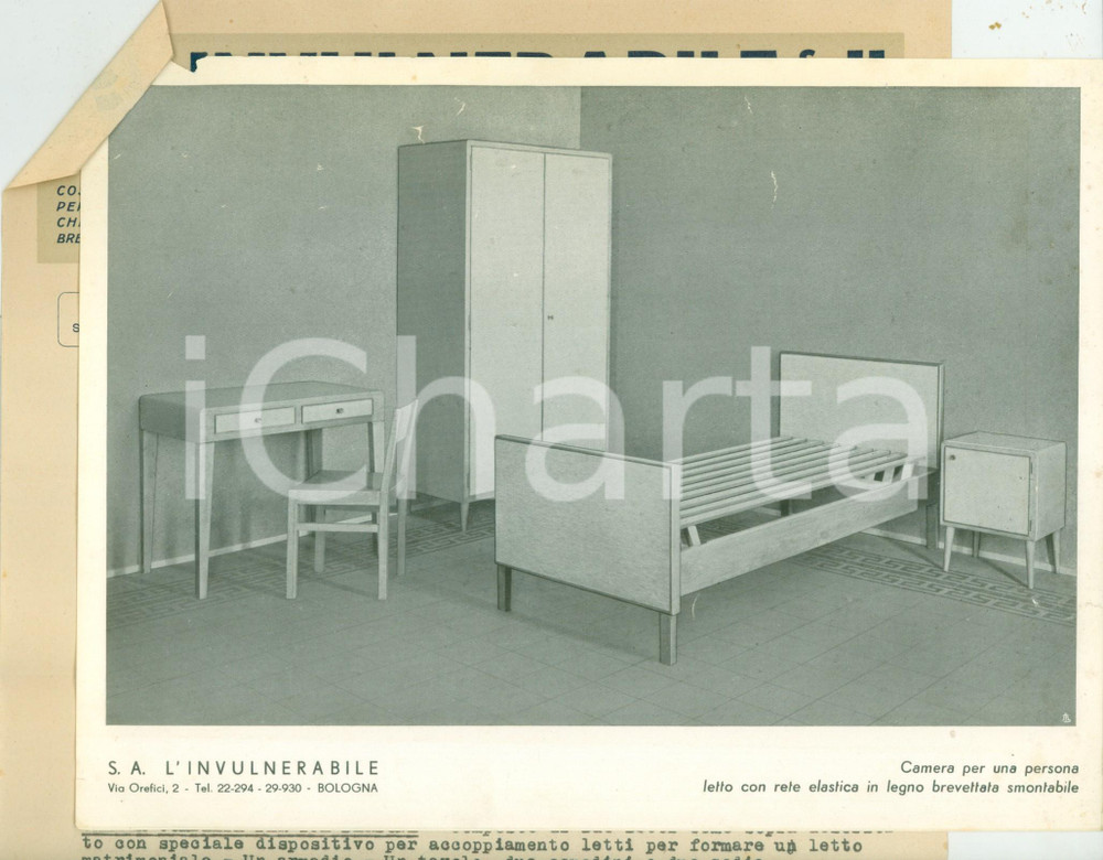 Materiale pubblicitario d’epoca 1943 BOLOGNA Mobili e arredamenti L INVULNERABILE vibratori serrande ILLUSTRATO 1