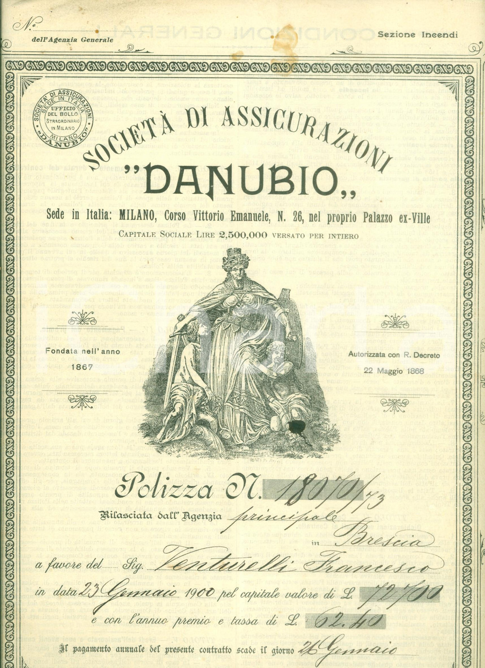 Documento originale, autentico 1900 MILANO SocietÃ  Assicurazioni DANUBIO Polizza di Francesco VENTURELLI 1