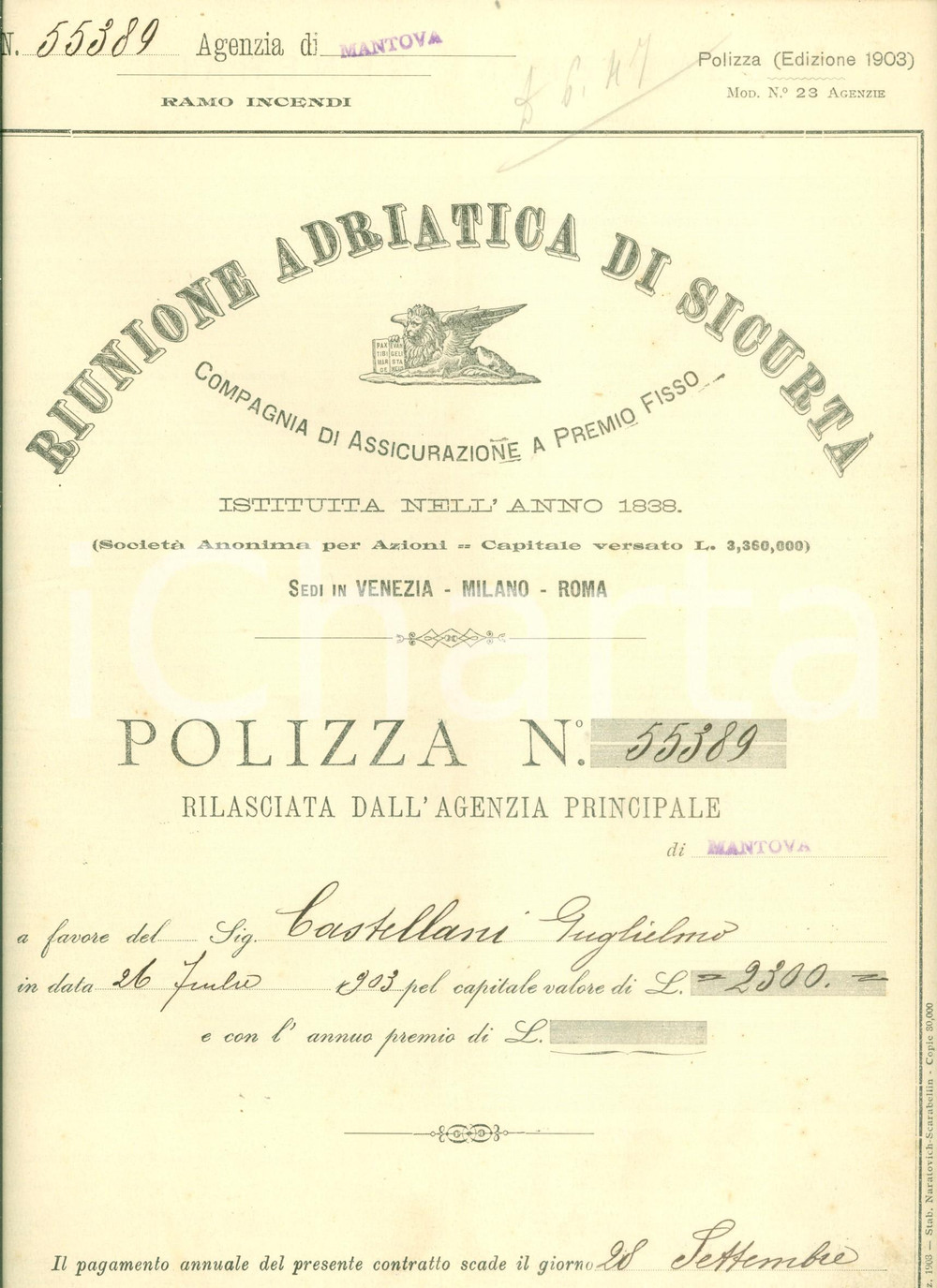 Documento originale, autentico 1903 MANTOVA Riunione Adriatica di SicurtÃ  Polizza di Guglielmo CASTELLANI 1