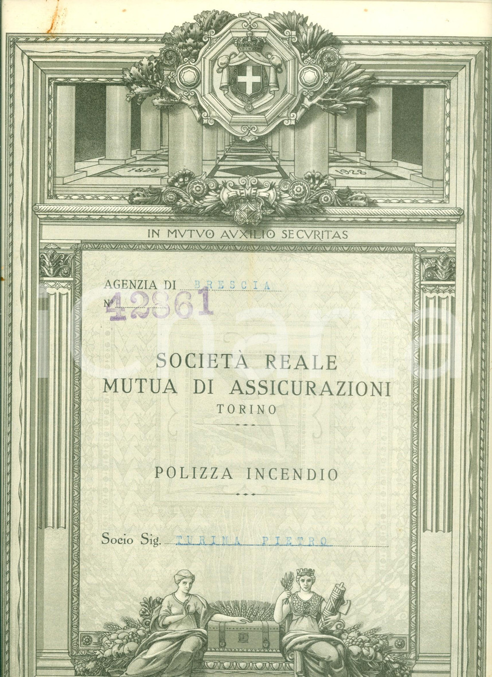 Documento originale, autentico 1937 SALO  BS SocietÃ  Reale Mutua Assicurazioni Polizza incendio Pietro TURINA 1